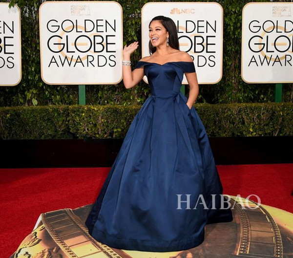 Gina Rodriguez Celebrity Dresses 2016 73rd Golden Globe Awards Navy Blue Off Shoulder Satin Floor Length Evening Gowns