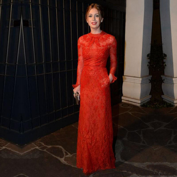 2017 Evening Fashion Charming Lace Decal Celebrity Red Carpet Fishtail Dress Noche Rote Spitze Langarm Abendkleid Elegante Frauen Formales