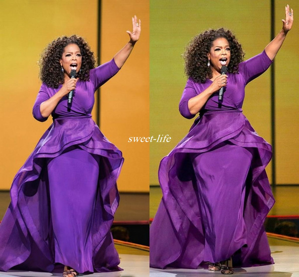 Elegant Oprah Winfrey Celebrity Evening Gowns Over Skirt Middle East Dubai Arabic Style Purple with Sleeve Plus Size Women Formal Wear 2016