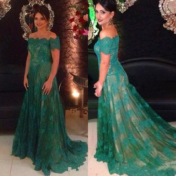 New Green Off Shoulders Evening Dresses Lace Long A line Special Occasion Short Sleeve Court Train Party Maxi Modest Celebrity Dresses