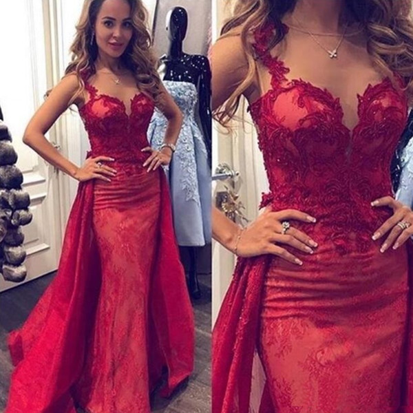 New Designer Red Prom Dresses Lace Applique Sheer Neck Formal Mermaid Celebrity Dresses Evening Wear Special Occasion Robes de bal longu