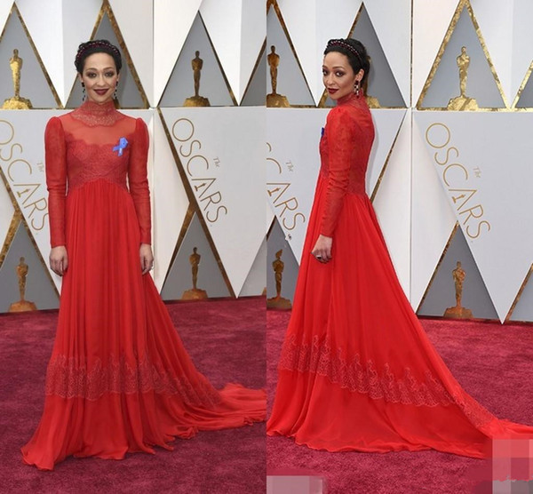 89th Annual Academy Awards Ruth Negga Red Lace Celebrity Dresses Royal High Neck Long Sleeve Floor Length Red Carpet Dresses Cheap For Sale