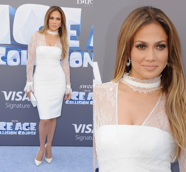 Sexy White Sheath Celebrity Dresses Sheer Long Sleeves Lace Halter Neck Sheath Knee Length 2016 Cheap Women Formal Wear Party Cocktail Dress
