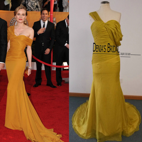 2015 Cheap Mermaid Diane-Kruger Celebrity Drees One Strap Pleated Sweetheart Neckline Court Train Real Photos Evening Gowns