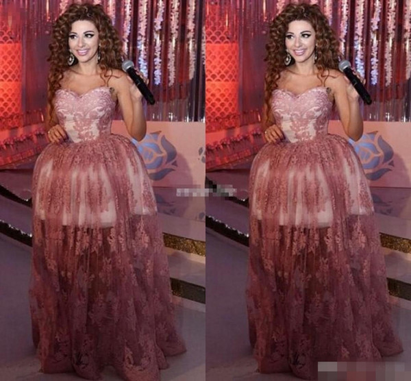 2016 Myriam Fares Ball Gown Celebrity Evening Dresses Sweetheart Appliqued Lace Long Prom Gowns Arabic Special Occasion Dress High Low Tull