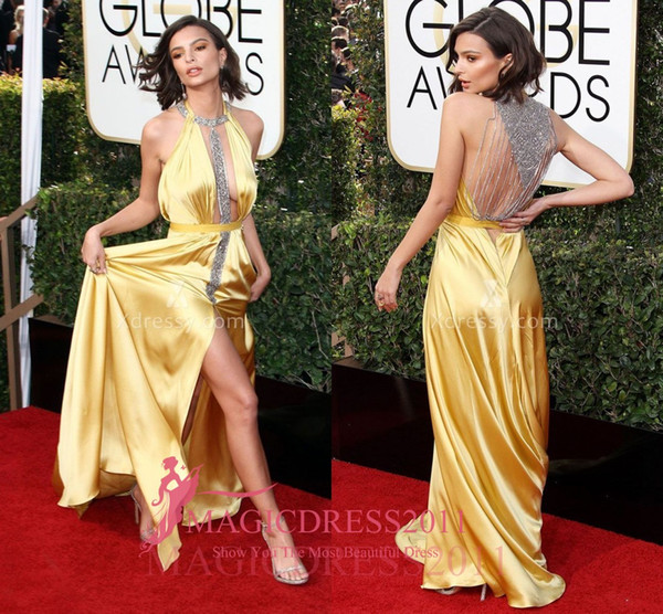Emily Ratajkowski Sexy Yellow Mermaid Satin Beaded Prom Evening Dresses Golden Globes 2017 Major Beaded Formal Celebrity Dress Party Gowns