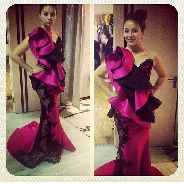 Elegant One Shoulder Mermaid Satin Applique Sequin Floor Length Evening Gowns Custom Made Celebrity Dresses 2014
