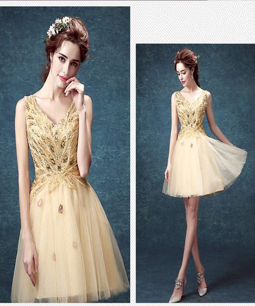 Celebrity Short Dresses Golden Online Cheap Evening Gowns Vestidos de Noche Baratos V-Neck Lace-Up Gracefu lRed Carpet Celebrity Dresses
