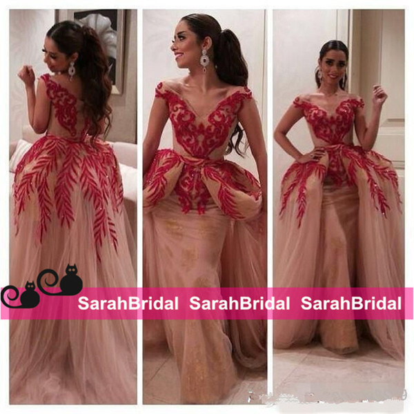 Myriam Fares 2016 Celebrity Military Ball Gowns Two Pieces V Neck Red Lace Sequin Nude Tulle Women Wear Arabic Prom Formal Evening Dresses