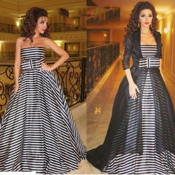 Black and White Celebrity Dresses 2015 inspired by Myriam Fares Dresses with Black Sheer Jacket and Bow Ribbon