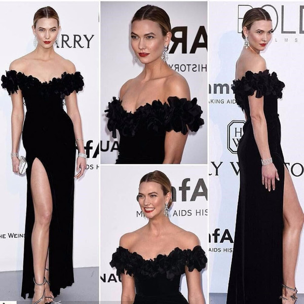 Black Velvet Celebrity Dresses 2017 Karlie Kloss Inspired Gala Cannes Film Festival Off the Shoulder Formal Evening Dress with High Split