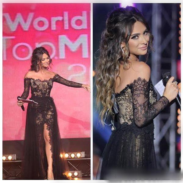 2016 Vestidos De Festa Black Lace Sexy Celebrity Prom Dresses Bateau Sheer Long Sleeves Arabic Formal Evening Gowns Side Slit BO8121