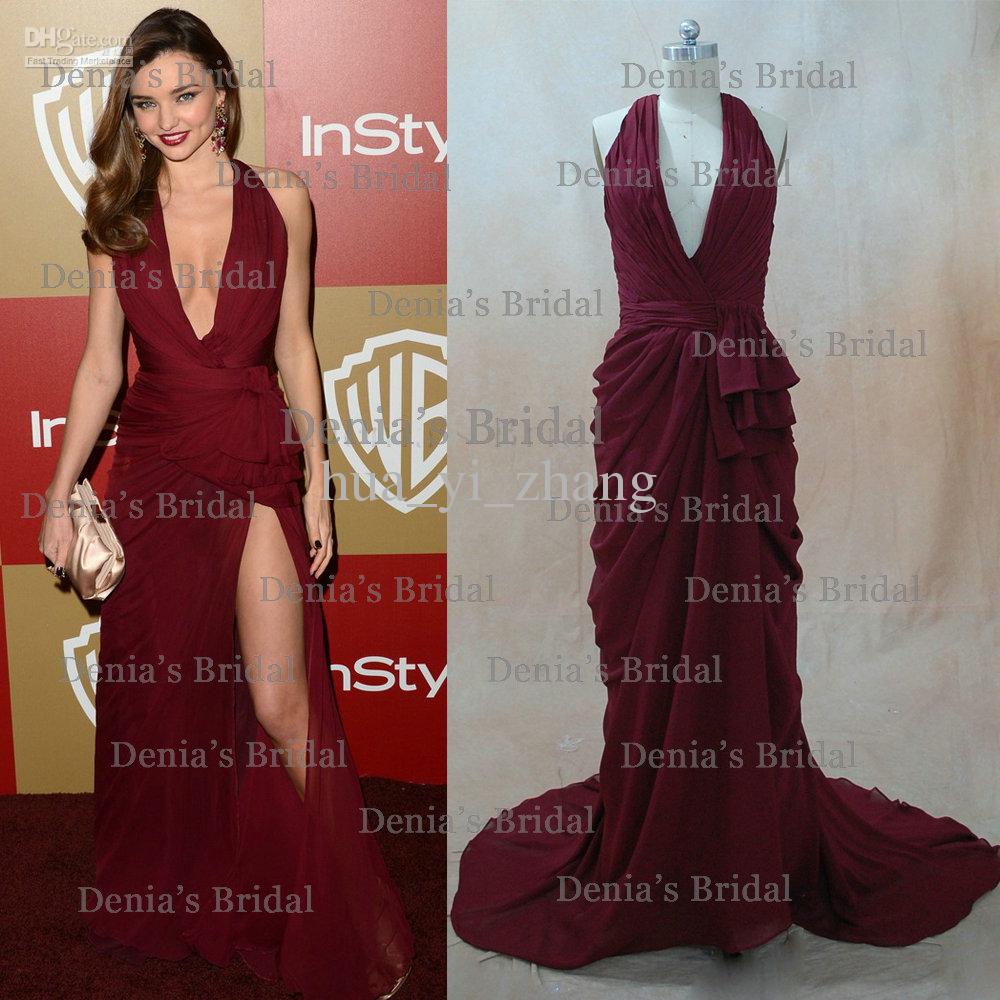 Miranda Kerr Celebrity Dresses Sexy Dark Wine Red Halter Side Slit Red Carpet Evening Party Gowns