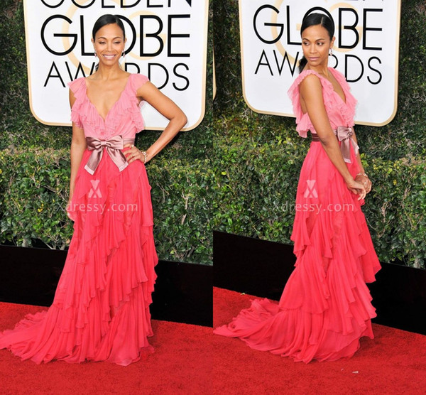Two Tone Ruffled Coral Chiffon V Neck Prom Dress Zoe Saldana Golden Globes 2017 Celebrity Dresses Gowns for Party Cap Sleeves Ruffles Sash