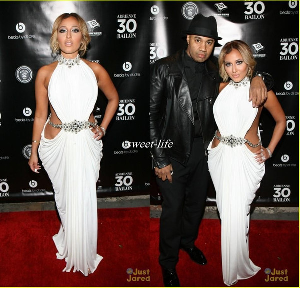 Stunning High Neck Crystal Beaded White Chiffon Adrienne Bailon Formal Celebrity Dresses Waist Cut Out Sexy Mermaid Prom Party Gowns 2016