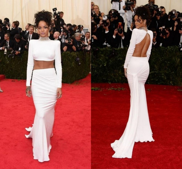 Sexy Two Pieces Rihanna White Celebrity Dresses High Neck Backless Ruched Long Sleeves Sheath Sweep Train Custom Fashion Prom Evening Gowns
