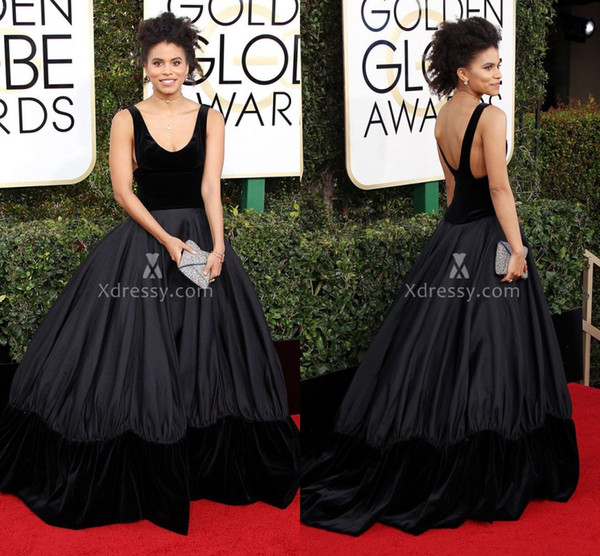 Black Velvet Scoop Neck Ball Gown Celebrity Prom Dresses Zazie Beetz Red Carpet Golden Globes Gowns 2017 Cheap Backless Formal Wear Backless