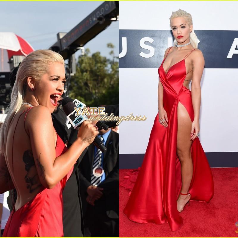 Hot Selling Red Carpet Rita Ora MTV VMAS Sexy V-neck Sheath Sexy Side Split Evening Gowns 2014 Celebrity Dresses