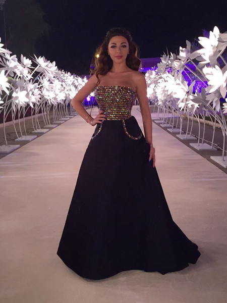 Myriam Fares Black Evening Dresses 2016 Vestidos Sheer Strapless Neckline with Colorful Crystals Party Beaded Floor Length Celebrity Gowns