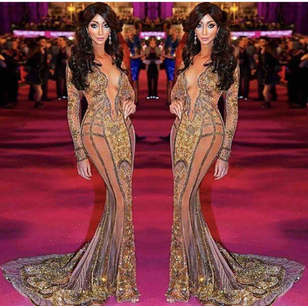 Yasmine Petty walk the red carpet Celebrity Dresses New Long Sleeve 2017 V Neck Formal Evening Dresses