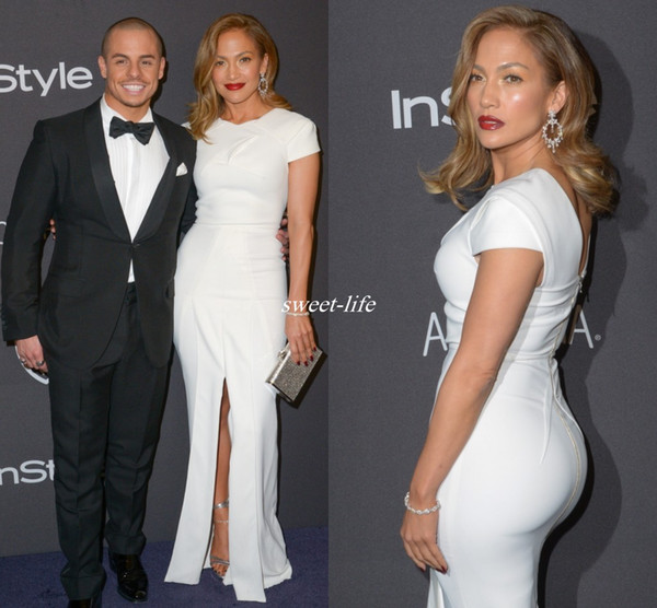 2016 Sexy Red Carpet Celebrity Dresses Sheath Front Split with Short Sleeve Sheath Plus Size White Formal Evening Dresses Gowns for Pageant