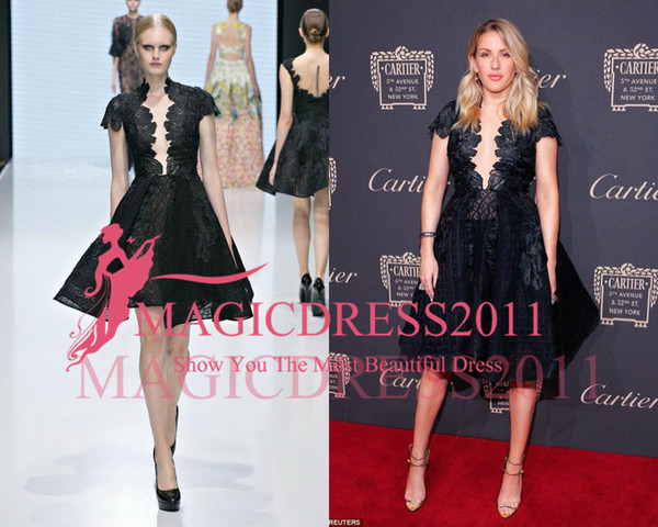 Michael Cinco Celebrity Wear Black Deep V Neck Lace Applique Short Sleeve Knee Length Evening Gowns Luxury Brand Formal Dress Prom Gown