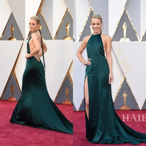 2016 Oacar Red Carpet Dresses Rachel McAdams Backless High Neck Split Side Backless Evening Gown Custom Made Formal Celebrity Dress