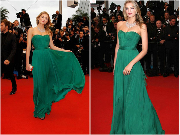 2016 Green Strapless Celebrity Dresses Red Carpet Spring Summer Evening dresses New Chiffon Lace Prom Gown Beautiful