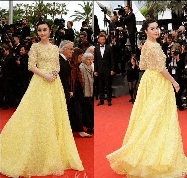 2015 Luxury Sequins Beads Evening Celebrity Dresses Long A Line Half Sleeve Sweep Train With Sash Formal Christmas Elegant Dresses For Women