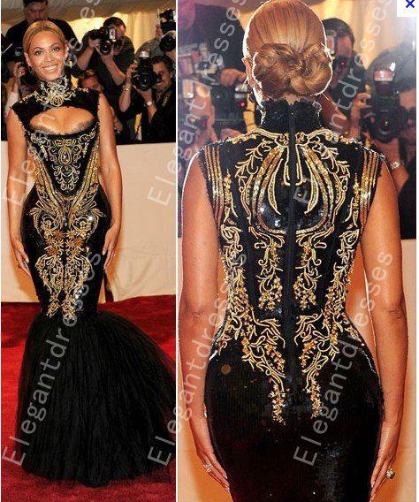 Custom made 2016 Hot Sexy Beyonce MET Gala Black And Gold Embroidery Beaded Mermaid Celebrity Dresses Evening Gowns Prom Dresses