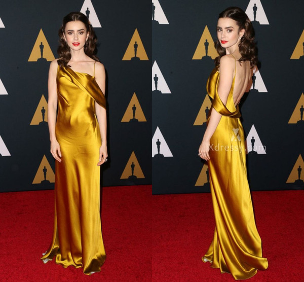 Sexy Lily Collins Oscar Red Carpet Celebrity Dresses Sheath Gold Open Back Asymmetrical Neck Satin Prom Dress Evening Party Gowns Cheap 2016