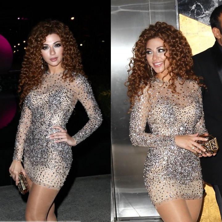 Luxury Myriam Fares See Through Sexy Celebrity Dresses High Neck Beaded Crystal Short Prom Dress Party Cocktail Wear Gowns
