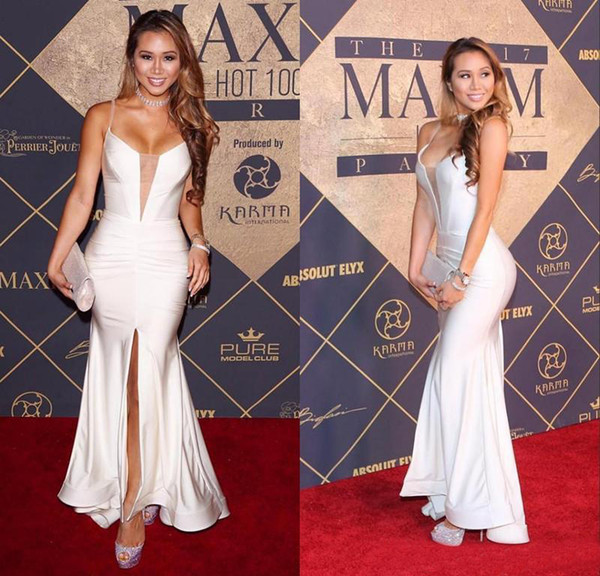 Sexy White Sexy Spaghetti Plunging Neckline Celebrity Red Carpet Party Gowns Front Split Zipper Back Mermaid Prom Dresses