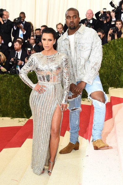 Kim Kardashian Sliver Celebrity Dresses Met Gala 2016 Red Carpet Long Sleeve Mermaid Beaded Crystal Celebrity Dresses Sexy Pageant Dresses
