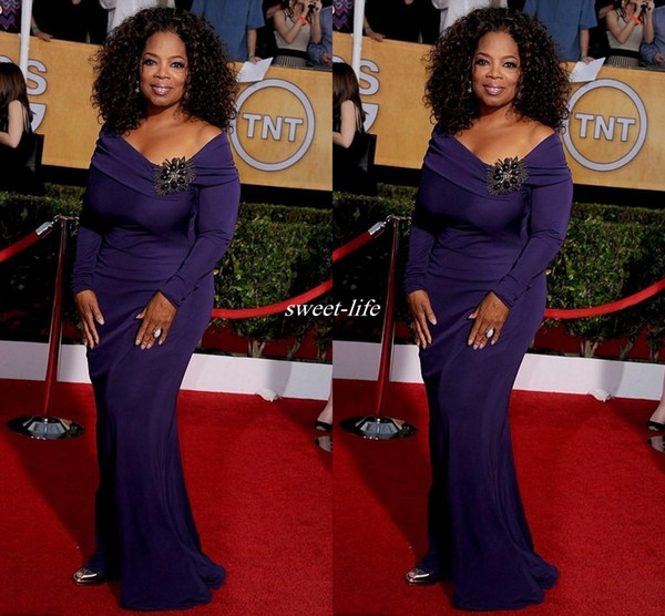 2016 Oprah Winfrey Celebrity Dresses Long Sleeve Purple Floor Length Off the Shoulder Brooch Designer Long Formal Wear Pageant Evening Gowns