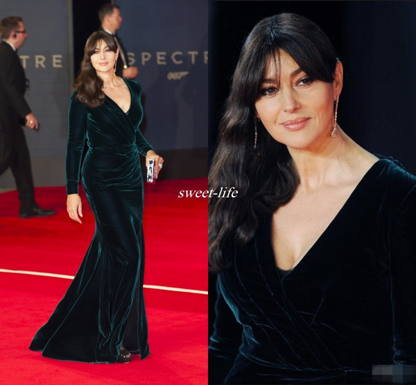 Ralph & Russo 2016 Dark Green Velvet Long Sleeves Celebrity Evening Dresses Mermaid Side Split Plus Size Red Carpet Gowns Prom Dress Cheap