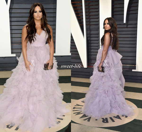 Elegant Demi Lovato Ruffled Lavender Tulle Prom Gowns Vanity Fair Oscar Celebrity Evening Dresses Ball Gown with Train Spaghetti Straps