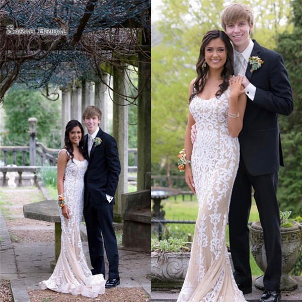 Cheap Scoop Mermaid Evening Dress With Appliques and Lace Sweep Sleeveless Prom Celebrity Gowns 