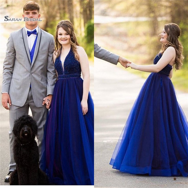 Blue A-line V-neck Halter Tulle A-line Evening Dress Sleeveless High End Quality Hot Sale Prom Celebrity Gowns 