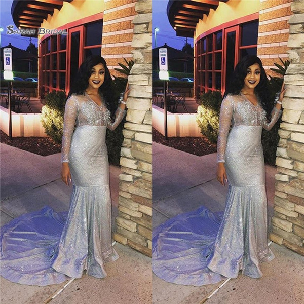 Cheap V-neck Long Sleeves Sweep Train Sequined Mermaid High End Quality Evening Party Celebrity Gowns 