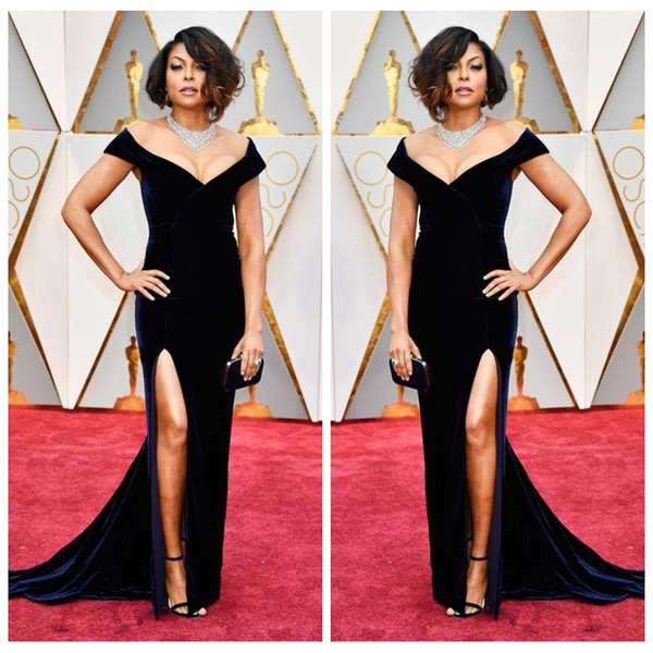 Elegant Off Shoulder Velvet Taraji P. Henson 89th Oscars Mermaid Celebrity Evening Dresses High Split Long Dress Slim Prom Party Gowns