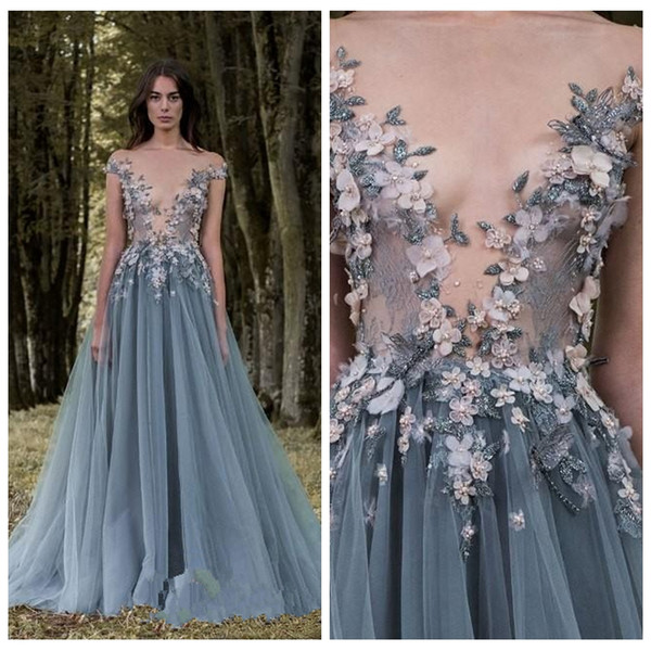 Sheer Lace 3D Flower Applique Celebrity Dresses Short Sleeves Gray A Line Prom Dresses Sequins Beaded Tulle Floor Length Formal Wear