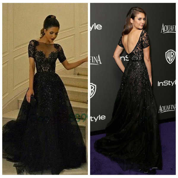 Elegant Nina Dobrev Zuhair Murad Red Carpet Celebrity Dresses Lace Appliques Bodice Short Sleeves Beading Arabic Dubai Prom Gowns