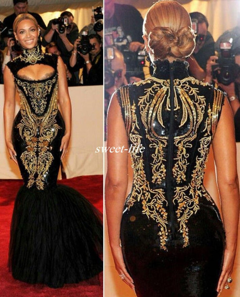 Sexy Evening Gowns Beyonce Gala Black And Gold Embroidery Beaded High Neck Floor Length Mermaid Celebrity Dresses 2016 Plus Size Prom Dress