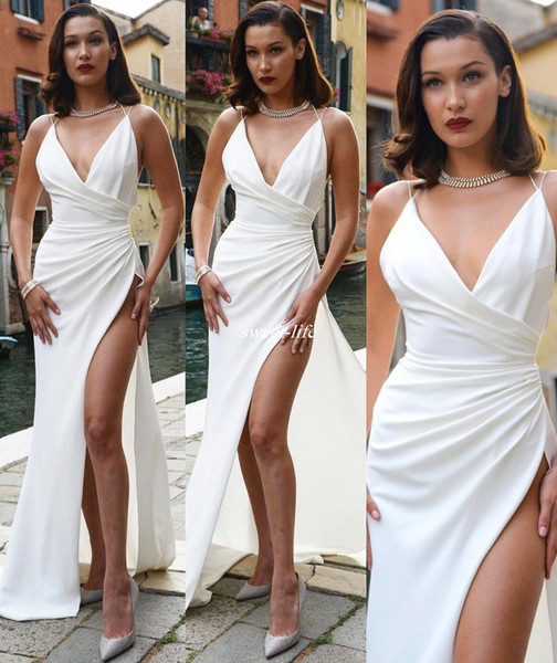 White Bella Hadid Evening Party Gowns Spaghetti High Thigh Split Sheath Satin Floor Length Cheap Bridesmaid Gowns Long Celebrity Dress
