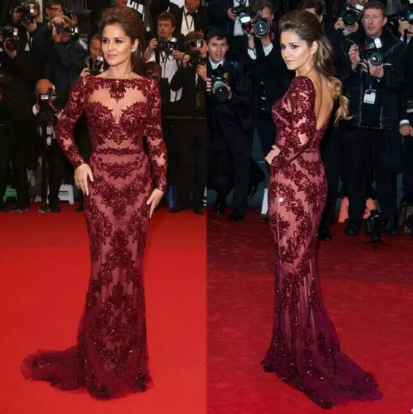 2017 Sexy Burgundy Cannes Red Carpet Celebrity Dresses Bateau Beading Long Sleeve Evening Dresses Formal Pageant Dress