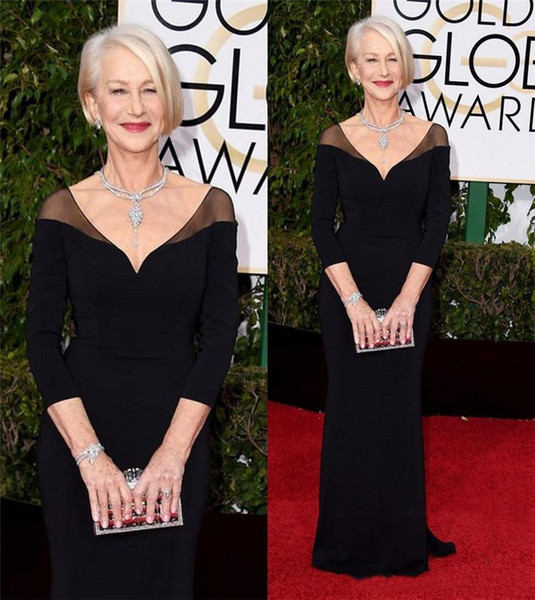 73rd Golden Globe Awards Celebrity Dresses Helen Mirren Long Sleeves Black Formal Red Carpet Evening Prom Party Gowns Custom