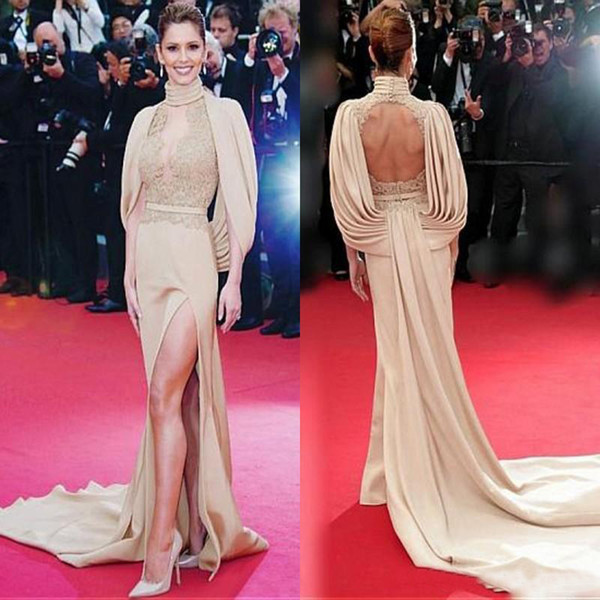 Oscar Sexy Red Carpet Celebrity Evening Dresses Sheath High Neck Illusion Lace Backless High Split Formal Party Gowns Keyhole