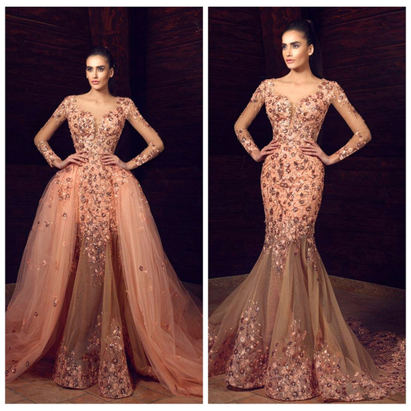 Beautiful Floral Applique Celebrity Dresses Sheer Long Sleeves Beaded Mermaid Red Carpet Prom Dress Sexy Tulle Detachable Train