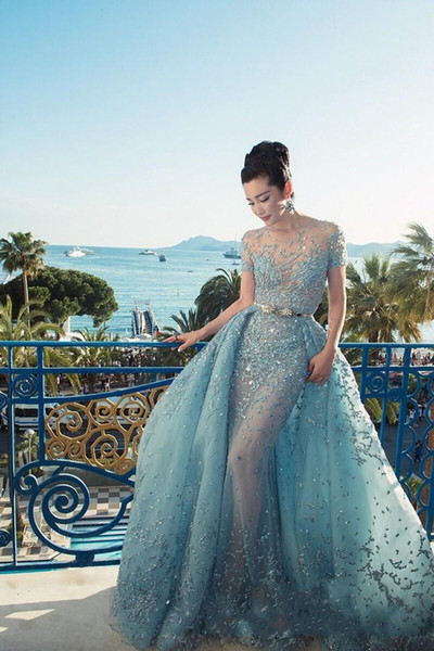 2017 Custom Made Elie Saab Evening Dresses Illusion Sheer Skirts Sky Blue Sexy Long Prom Dresses Luxury Peplum Celebrity Evening Dress